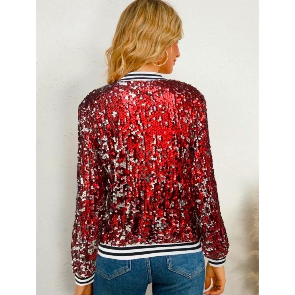 Red and Silver Sequins Bomber Jacket - Picture 2 of 7